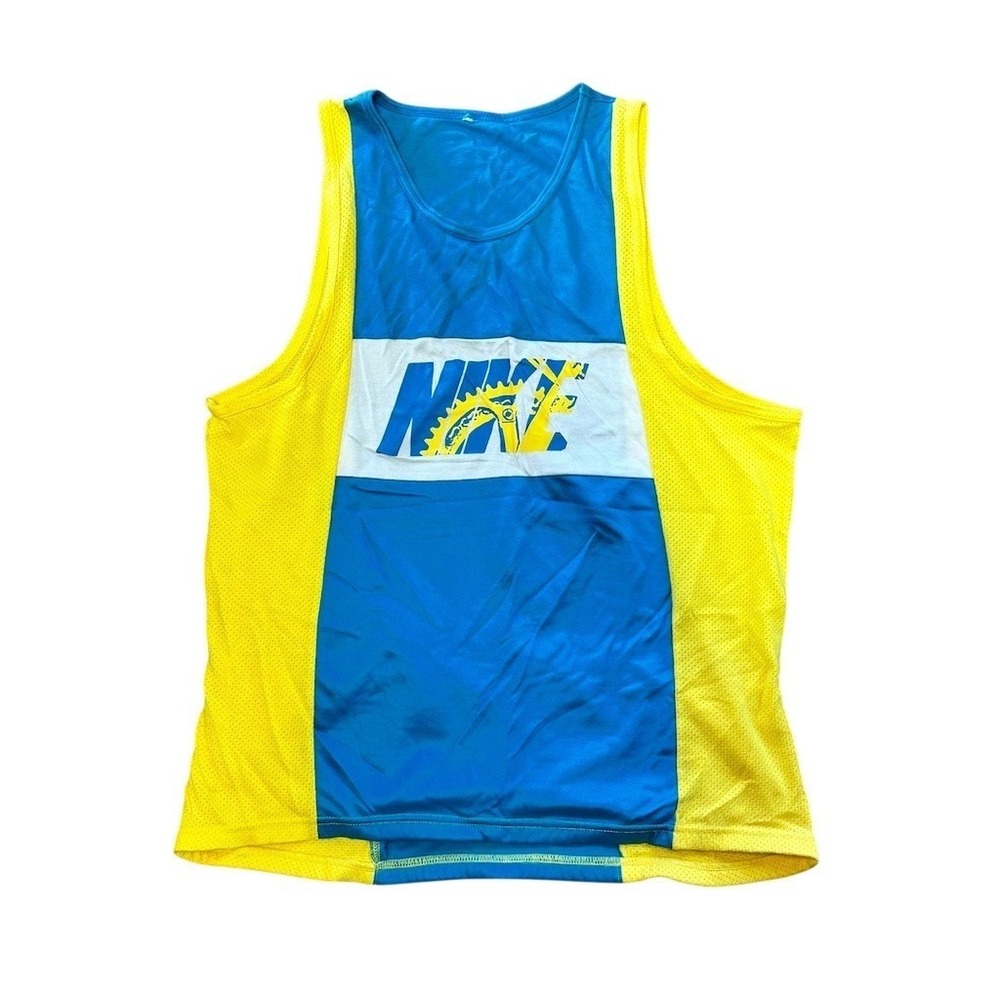 Vintage Nike Cycling Tank Top Mens M Blue Yellow Mesh Spellout Graphic